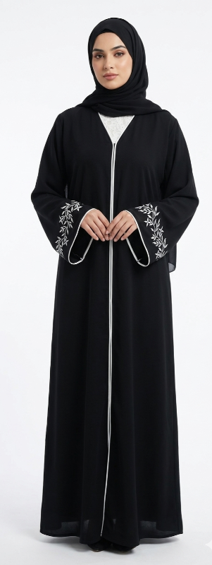 Elegant Black Embroidered Abaya with Delicate White Floral Detailing