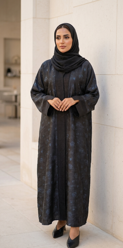 Elegant Black & Blue Patterned Abaya | Premium Lightweight Summer Kimono