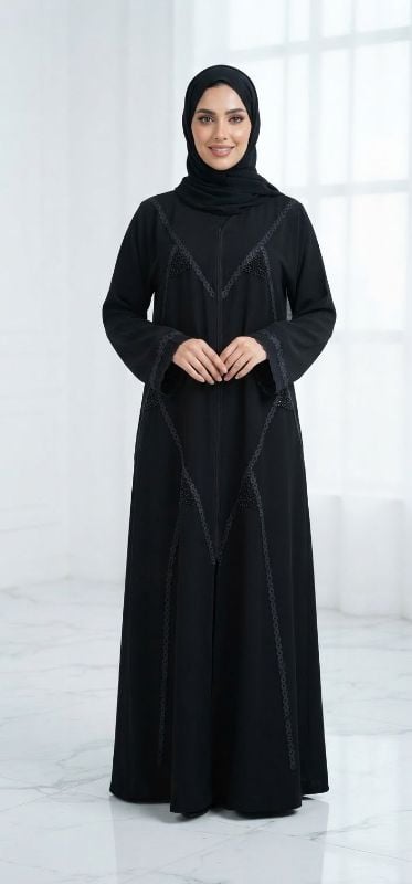 Exquisite Black Korean Crepe Abaya | Premium Modest Emirati-Style Design with Intricate Lacework & Stone Detailing