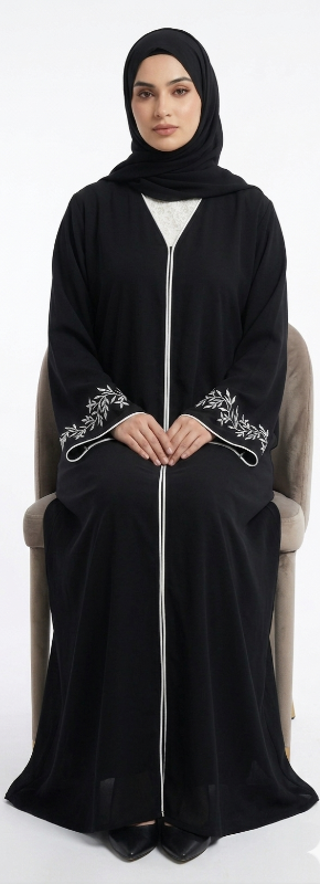 Elegant Black Embroidered Abaya with Delicate White Floral Detailing