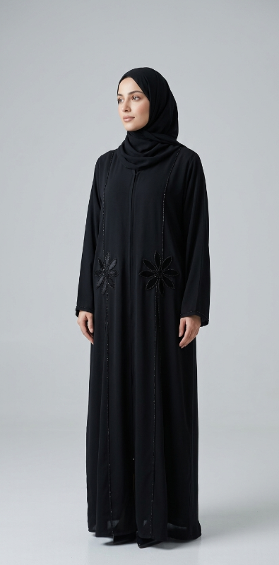 Luxury Midnight Black Abaya with Hand-Embellished Floral Beadwork | Premium Crepe Evening Abaya