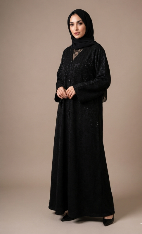 Onyx Bloom Jacquard Abaya – Premium Embossed Floral Texture with Subtle Crystal Embellishments