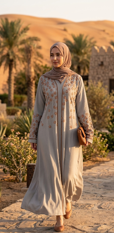 Beige Floral Embroidered Abaya | Luxury Open Front Abaya in Oman