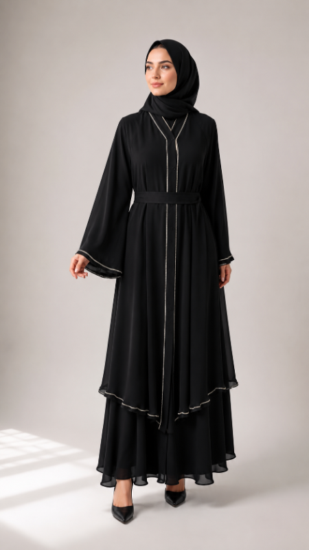 Elegant Black Layered Abaya with Silver Trim Detailing