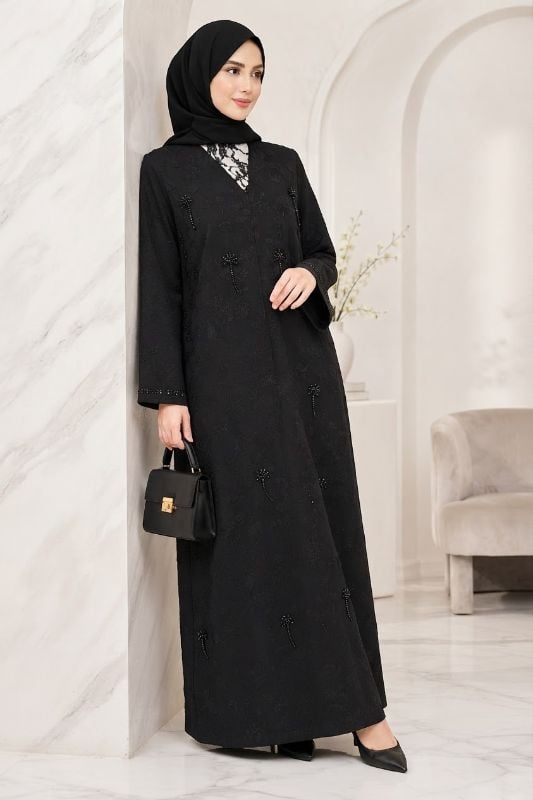 Elegant Black Abaya with Stone Embellishments & Printed Korean Fabric | Modest Fashion