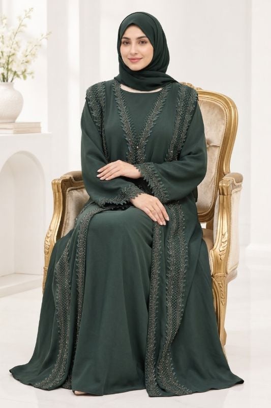 Emerald Green Open Type Chiffon Abaya with Gold Lace Trim & Matching Sheila