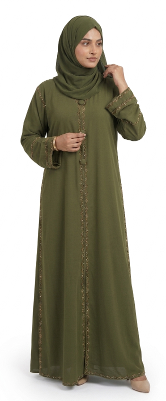 Premium Olive Green Dual-Layer Abaya – Elegant Chiffon Outer with Attached Nidha Lining & Gold Embroidery