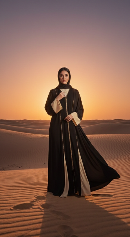 Royal Contrast: Luxury Vertical Gold-Piped Open Abaya in Black & Beige
