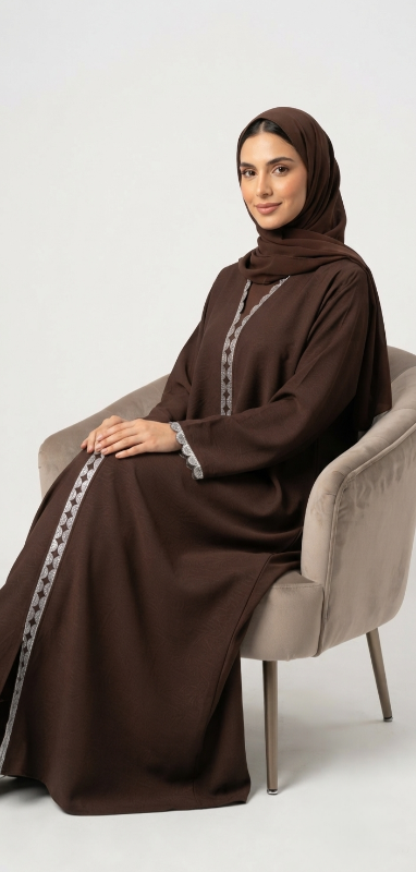 Luxury Marble Crush Abaya with Silver Scalloped Trim - Elegant Modest Fashion