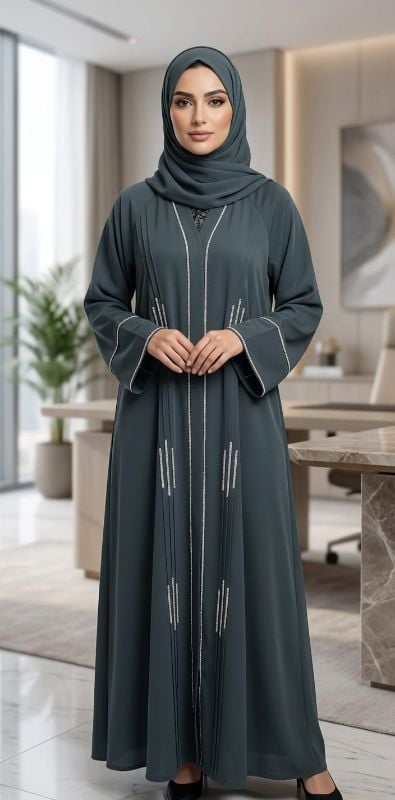 Elegant Emerald Green Embellished Abaya – Modern Modest Evening Wear