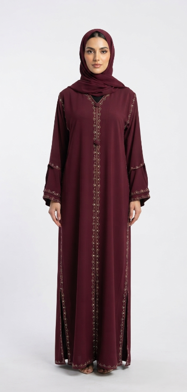 Premium Burgundy Occasion Abaya with Gold Embellished Detailing & Matching Sheila