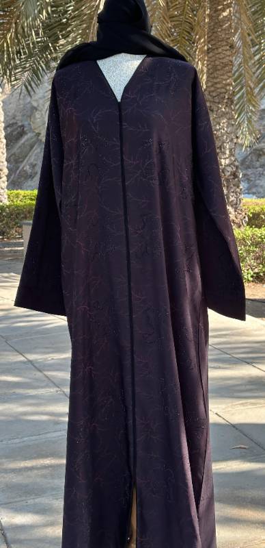 Luxurious Plum Abaya with Self-Print Design and Sparkling Stones
