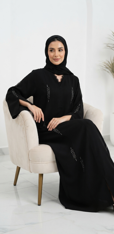 Luxury Korean Crepe Silver Stone Embellished Black Abaya