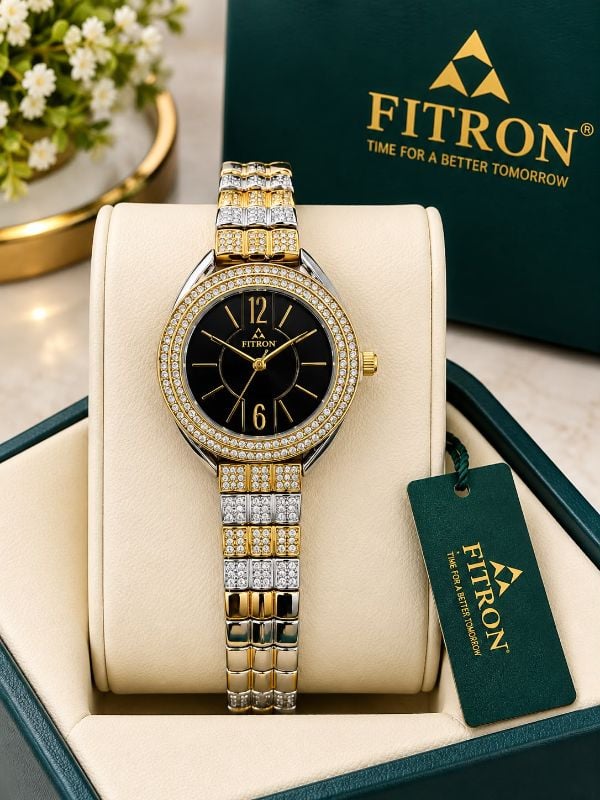 Fitron Crystal-Embellished Luxury Two-Tone & Gold Ladies Watch | Buy Elegant Ladies Watches Online