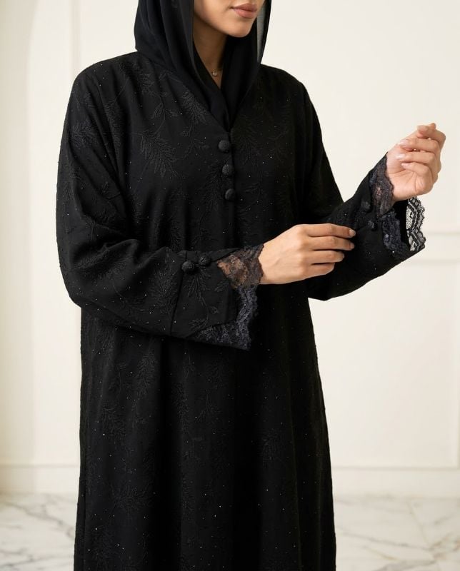 Luxury Korean Fakhir Black Abaya with Leafy Jacquard & Lace Cuffs | Premium Modest Fashion Oman