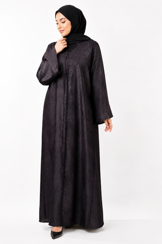 Luxury Jacquard Nidha Designer Abaya with Subtle Stone Embellishments | Premium Closed-Front Arabic Fashion
