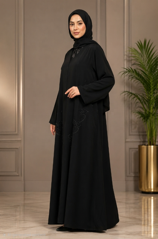 Exquisite Korean Crepe Black Abaya with Delicate Stone Embellishments | Premium Designer Islamic Wear