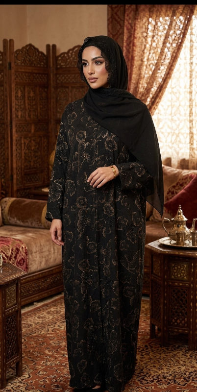 Black Floral Embossed Abaya with Glitter Accents – Luxury Evening Modest Wear