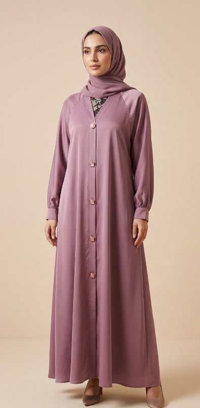 Premium Mi Pink Umbrella Cut Abaya – Elegant TikTok Fabric with Button Detailing