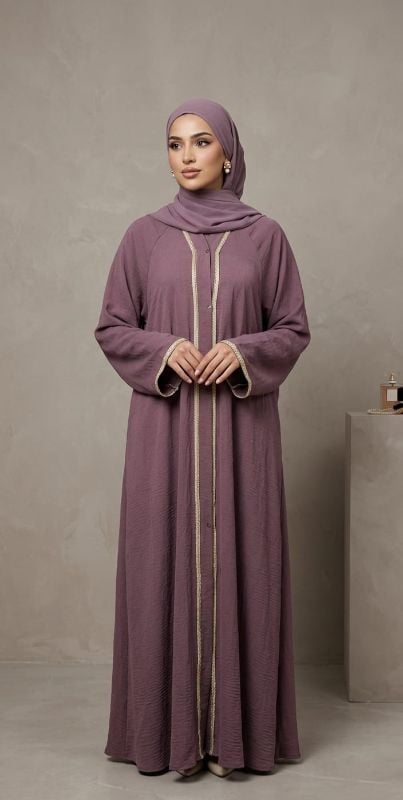 Harir Maqsood Abaya in Dusty Mauve – Silk-Touch Textured Open Abaya with Silver EmbroideryRose Couture Abaya Glam