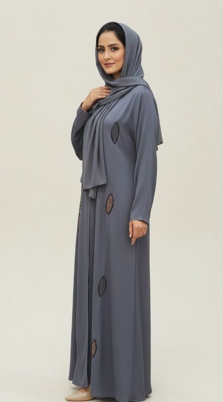 The Ember Trail Abaya: Grey Elegance with Intricate Embroidery