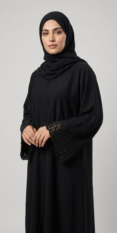 Midnight Lattice Black Abaya with Detailed Lace Cuffs