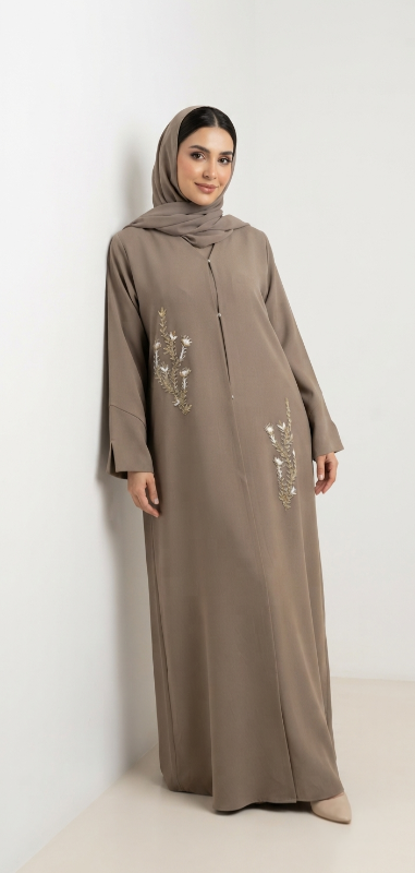 Exquisite Hand-Embroidered Taupe Abaya with Matching Scarf – Buy Abaya Online