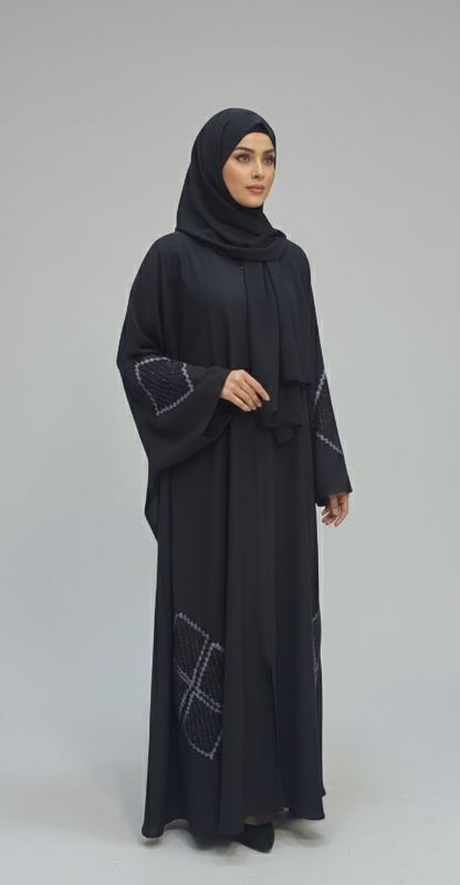 Noir Twilight Deco Abaya with Geometric Detailing