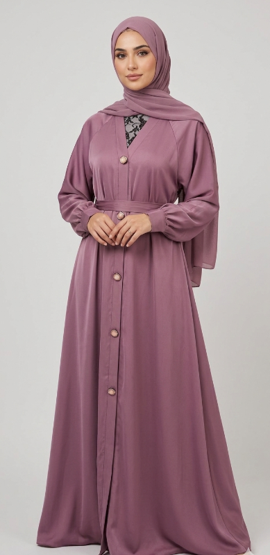 Premium Mi Pink Umbrella Cut Abaya – Elegant TikTok Fabric with Button Detailing