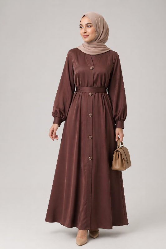 Premium Satin Button-Down Abaya Dress – Modest Espresso Brown Long Sleeve Maxi with Waist Belt