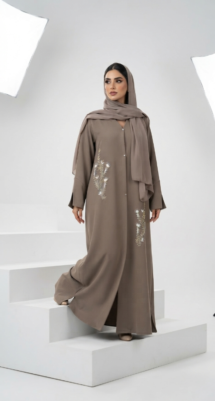Exquisite Hand-Embroidered Taupe Abaya with Matching Scarf – Buy Abaya Online