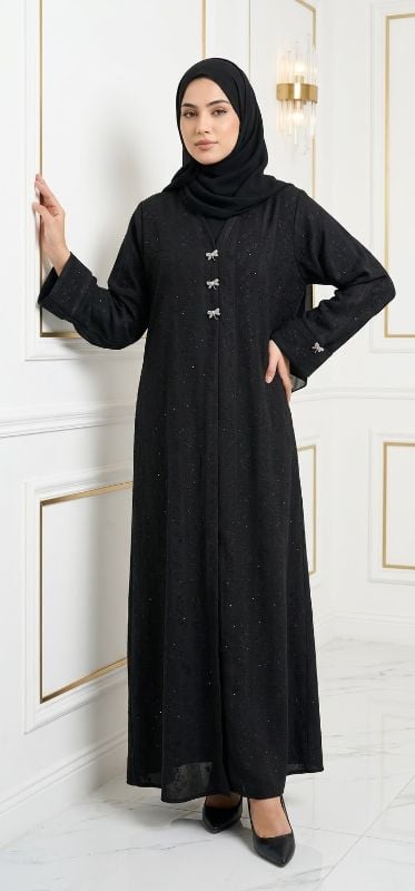Luxurious Korean Fakru Black Abaya with Sparkling Stone Embellishments & Matching Hijab