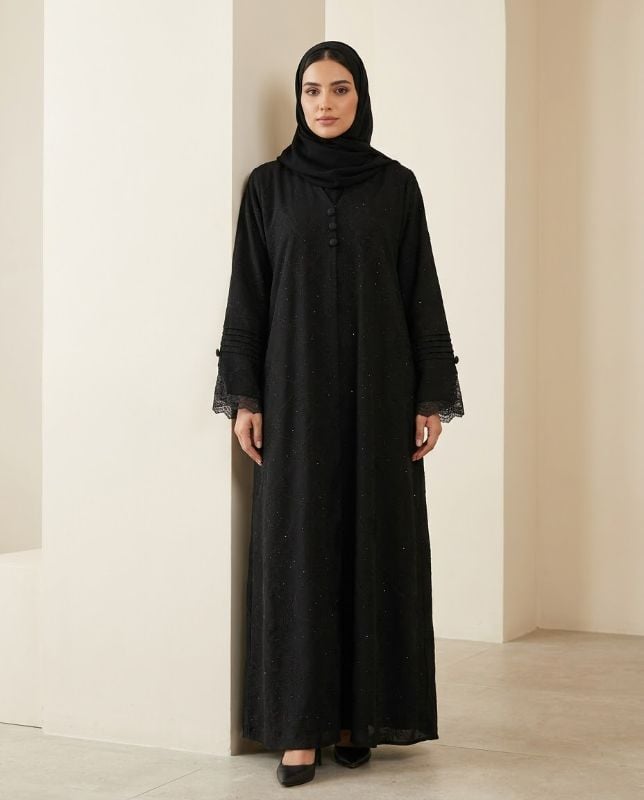 Luxury Korean Fakhir Black Abaya with Leafy Jacquard & Lace Cuffs | Premium Modest Fashion Oman