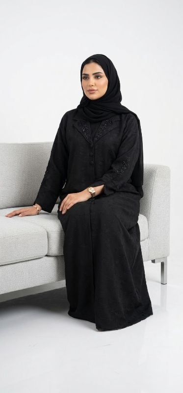 Elegant Black Korean Fakhir Fabric Abaya with Beaded Lapel Collar