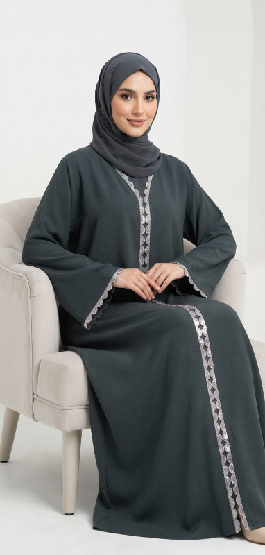 Luxury Marble Crush Green Abaya with Silver Trim
