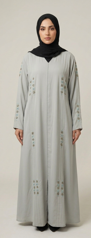 Elegant Light Pista Embroidered Abaya with Floral Beadwork Detail