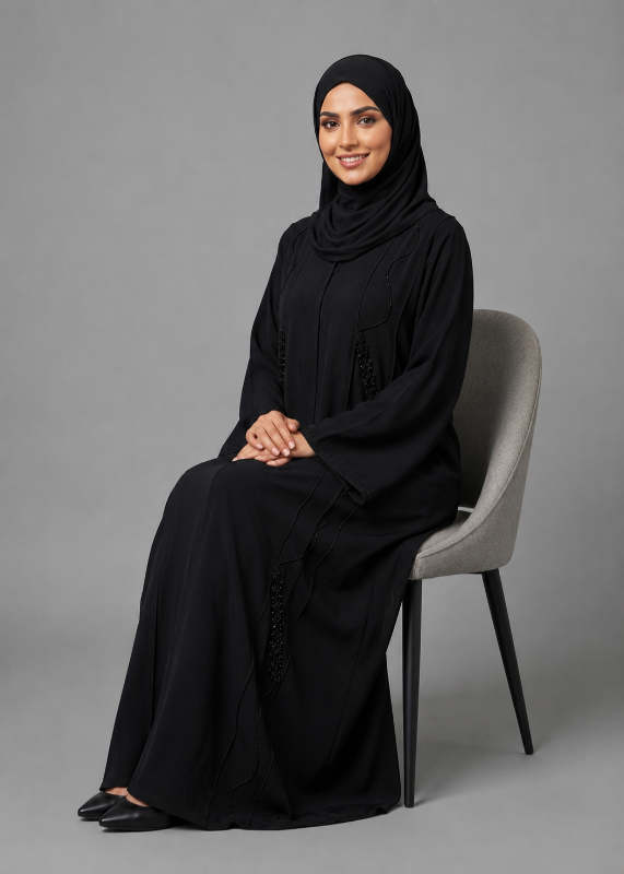 Timeless Elegance: Hand-Embellished Korean Crepe Abaya