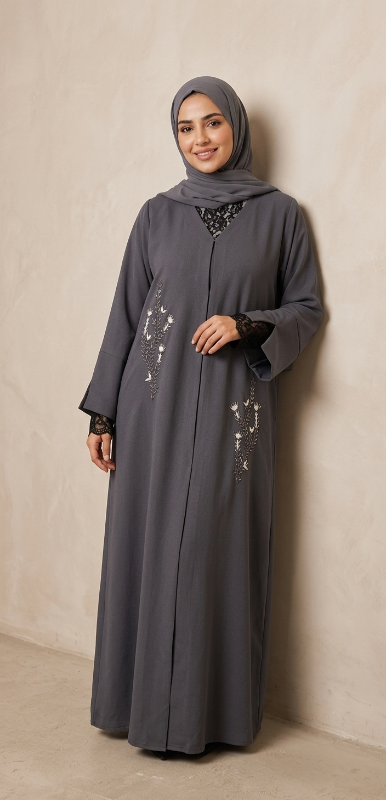 Charcoal Grey Hand-Embroidered Barbie Crepe Abaya with Slit Sleeves