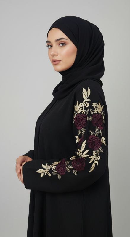 ​Jamila Black Abaya with Maroon & Gold Embroidery