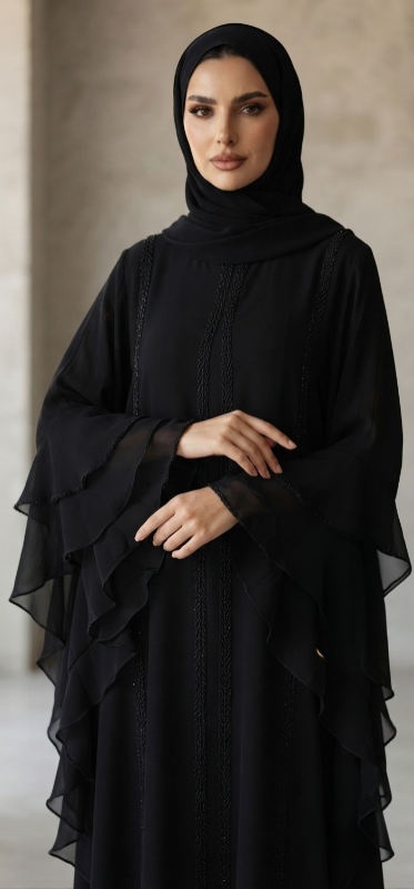Elegant Black Kaftan Abaya – Chiffon Over Nidha Layering