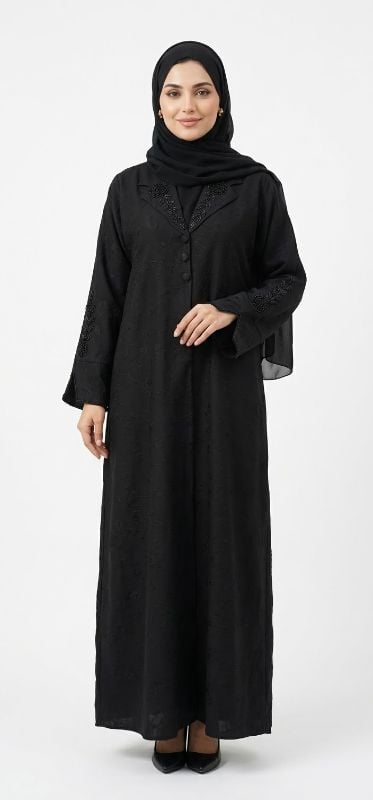 Elegant Black Korean Fakhir Fabric Abaya with Beaded Lapel Collar
