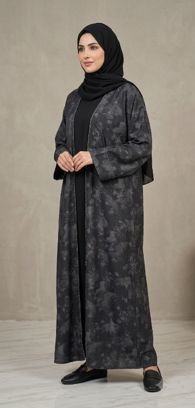 Elegant Black Floral Print Open Abaya with Subtle Stitch Detail