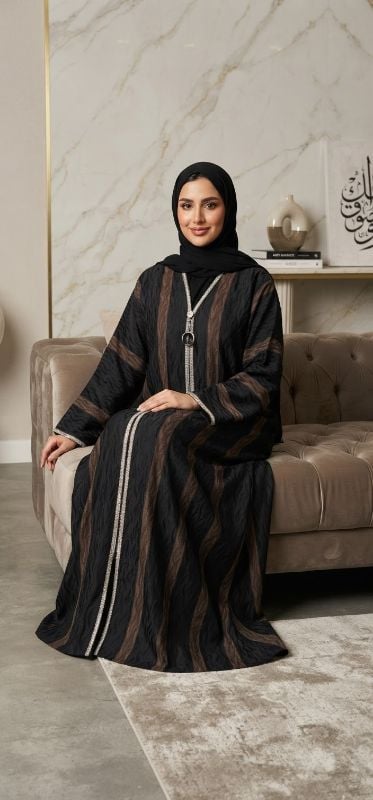 Premium Two-Piece Jacquard Abaya with Elegant Stone Embellishment | Buy Abaya Online in Oman