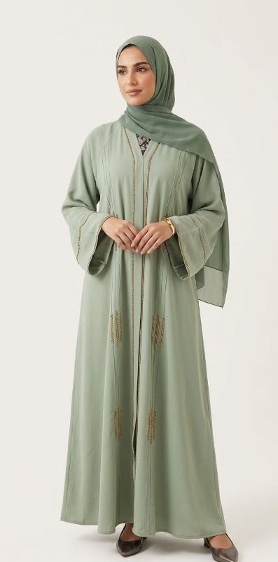 Sage Green Embroidered Abaya Set – Elegant Modest Open Abaya with Matching Hijab & Belt
