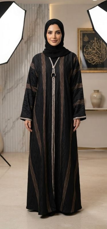 Premium Two-Piece Jacquard Abaya with Elegant Stone Embellishment | Buy Abaya Online in Oman