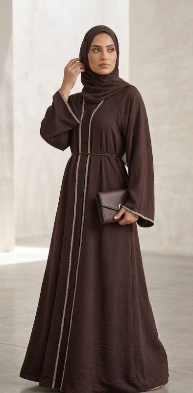 Elegant Brown Harudh Masudh Umbrella Cut Abaya with Silver Beaded Trim