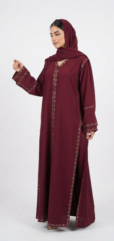 Premium Burgundy Occasion Abaya with Gold Embellished Detailing & Matching Sheila