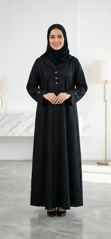 Korean Fakhir Silk Black Blazer Cut Abaya – Elegant Embroidered Collared Abaya with Dragonfly Embellishments
