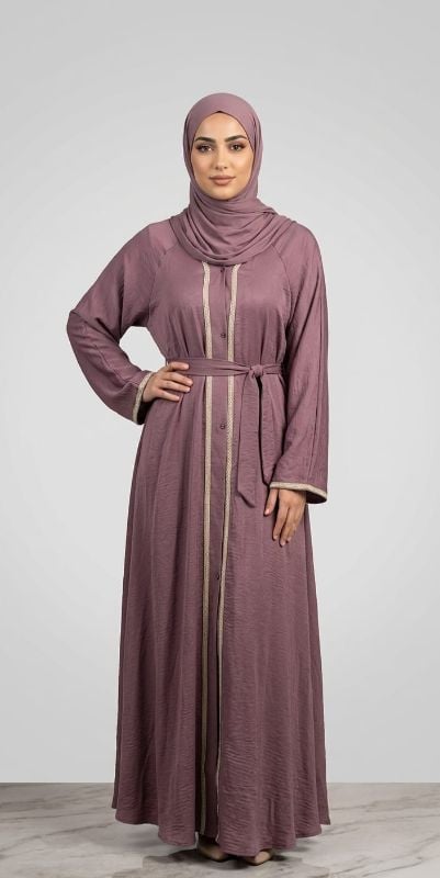 Harir Maqsood Abaya in Dusty Mauve – Silk-Touch Textured Open Abaya with Silver EmbroideryRose Couture Abaya Glam