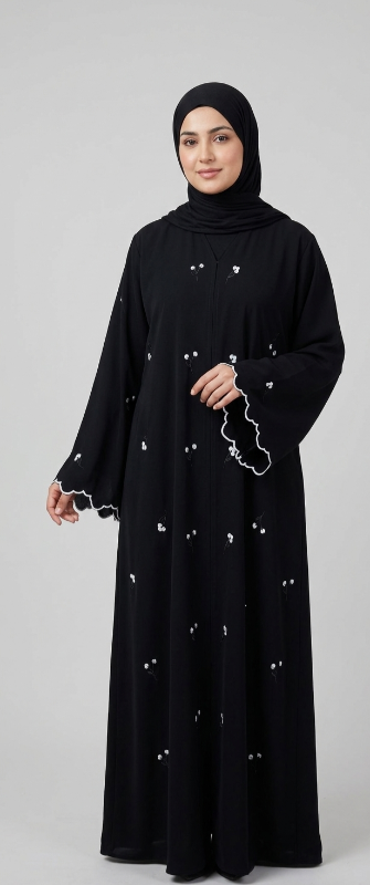 Embroidered Black Korean Crepe Abaya – Elegant Scalloped Sleeve Design